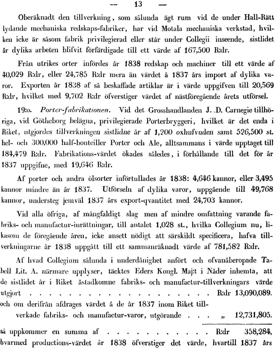 Från utrikes orter infördes år 1838 redskap och machiner till ett värde af 40,029 R:dr, eller 24,785 R:dr mera än värdet â 1837 års import af dylika varor.
