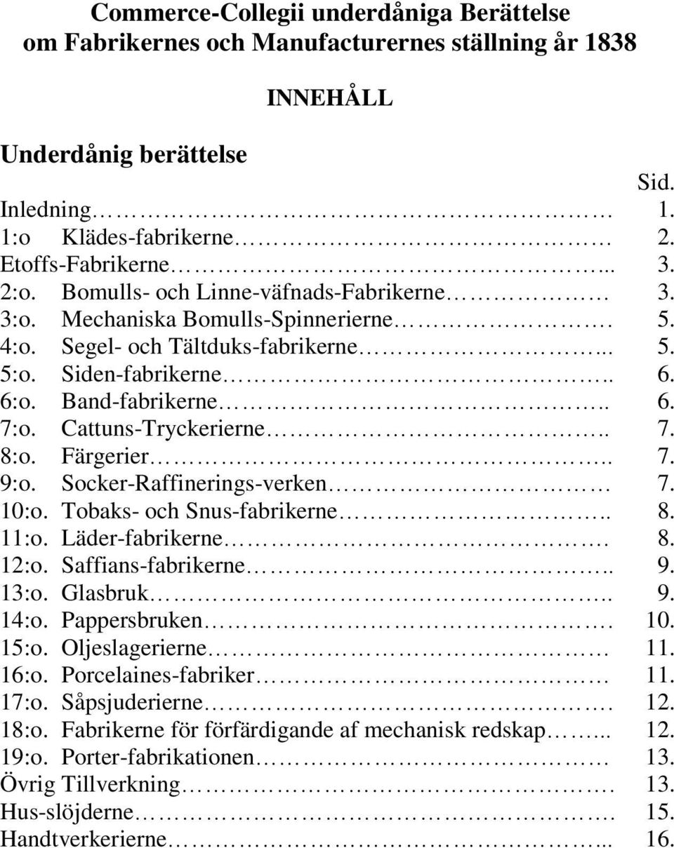 Cattuns-Tryckerierne.. 7. 8:o. Färgerier.. 7. 9:o. Socker-Raffinerings-verken 7. 10:o. Tobaks- och Snus-fabrikerne.. 8. 11:o. Läder-fabrikerne. 8. 12:o. Saffians-fabrikerne.. 9. 13:o. Glasbruk.. 9. 14:o.