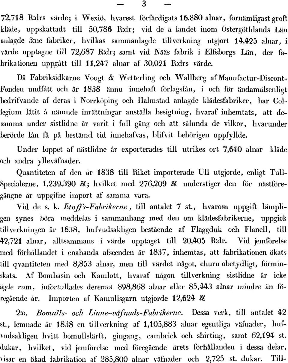 Då Fabriksidkarne Vougt & Wetterling och Wallberg af Manufact ur-di scont- Fonden undfått och år 1838 ännu innehaft förlagslån, i och för ändamålsenligt bedrifvande af deras i Norrköping och Halmstad