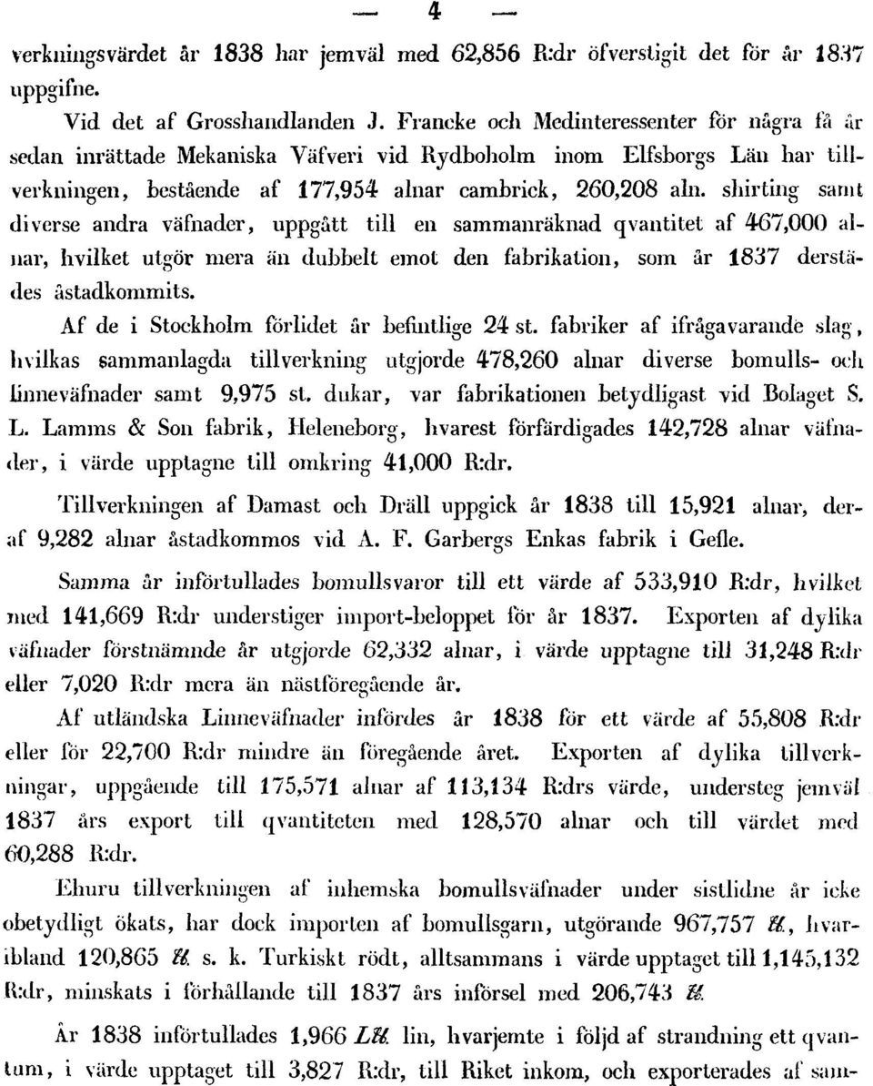 shirting samt diverse andra väfnader, uppgått till en sammanräknad qvantitet af 467,000 alnar, hvilket utgör mera än dubbelt emot den fabrikation, som år 1837 derstädes åstadkommits.