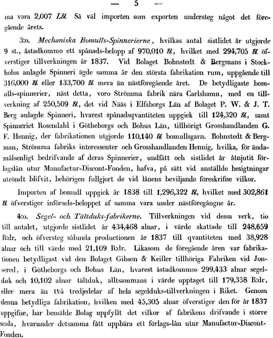 Vid Bolaget Bohnstedt & Bergmans i Stockholm anlagde Spinneri ägde samma år den största fabrikation rum, uppgående till 316,000 U. eller 133,700 U. mera än nästföregående året.