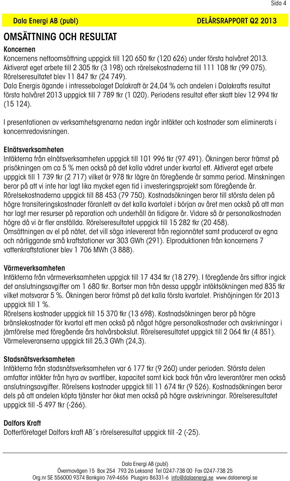 Dala Energis ägande i intressebolaget Dalakraft är 24,04 % och andelen i Dalakrafts resultat första halvåret 2013 uppgick till 7 789 tkr (1 020).