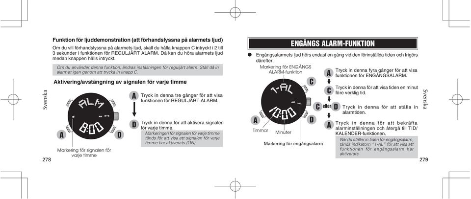 ktivering/avstängning av signalen för varje timme Markering för signalen för varje timme Tryck in denna tre gånger för att visa funktionen för REGULJÄRT LRM.