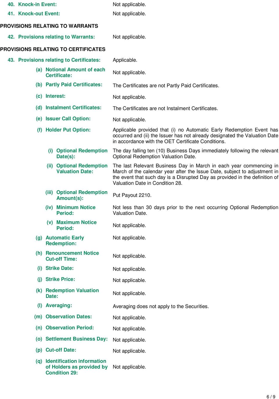 Optional Redemption Valuation Date: (iii) Optional Redemption Amount(s): (iv) Minimum Notice Period: (v) Maximum Notice Period: (g) Automatic Early Redemption: (h) Renouncement Notice Cut-off Time: