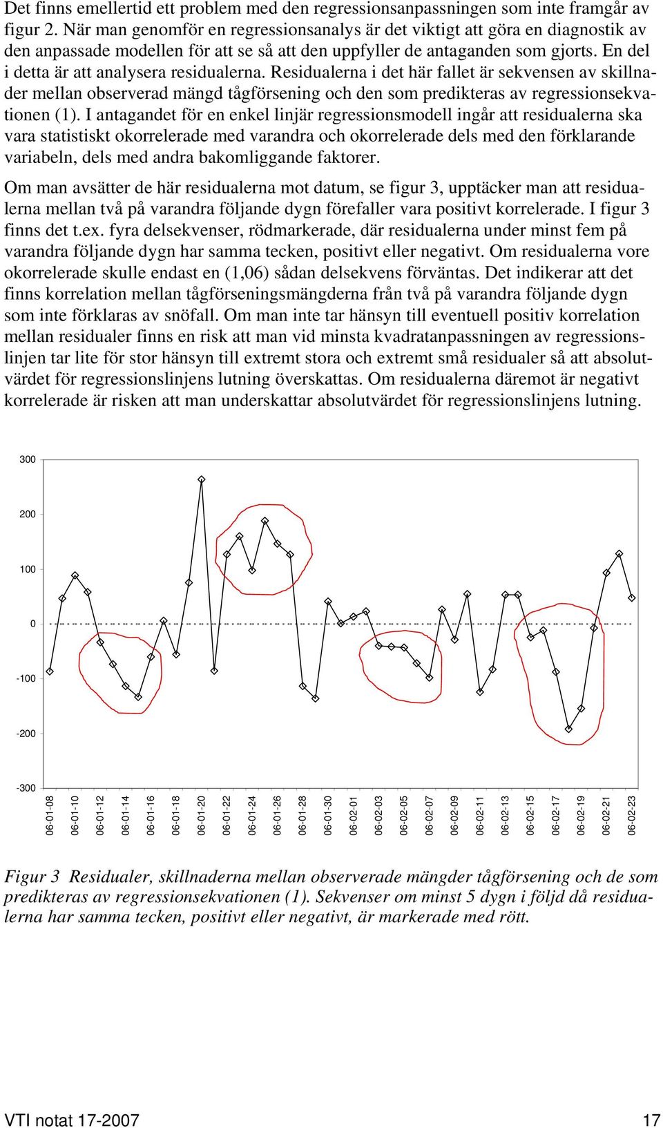 En del i detta är att analysera residualerna. Residualerna i det här fallet är sekvensen av skillnader mellan observerad mängd tågförsening och den som predikteras av regressionsekvationen (1).