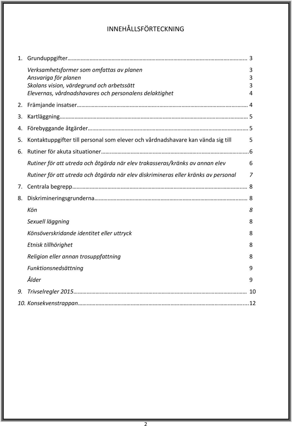 .... 4 3. Kartläggning.. 5 4. Förebyggande åtgärder.... 5 5. Kontaktuppgifter till personal som elever och vårdnadshavare kan vända sig till 5 6. Rutiner för akuta situationer.