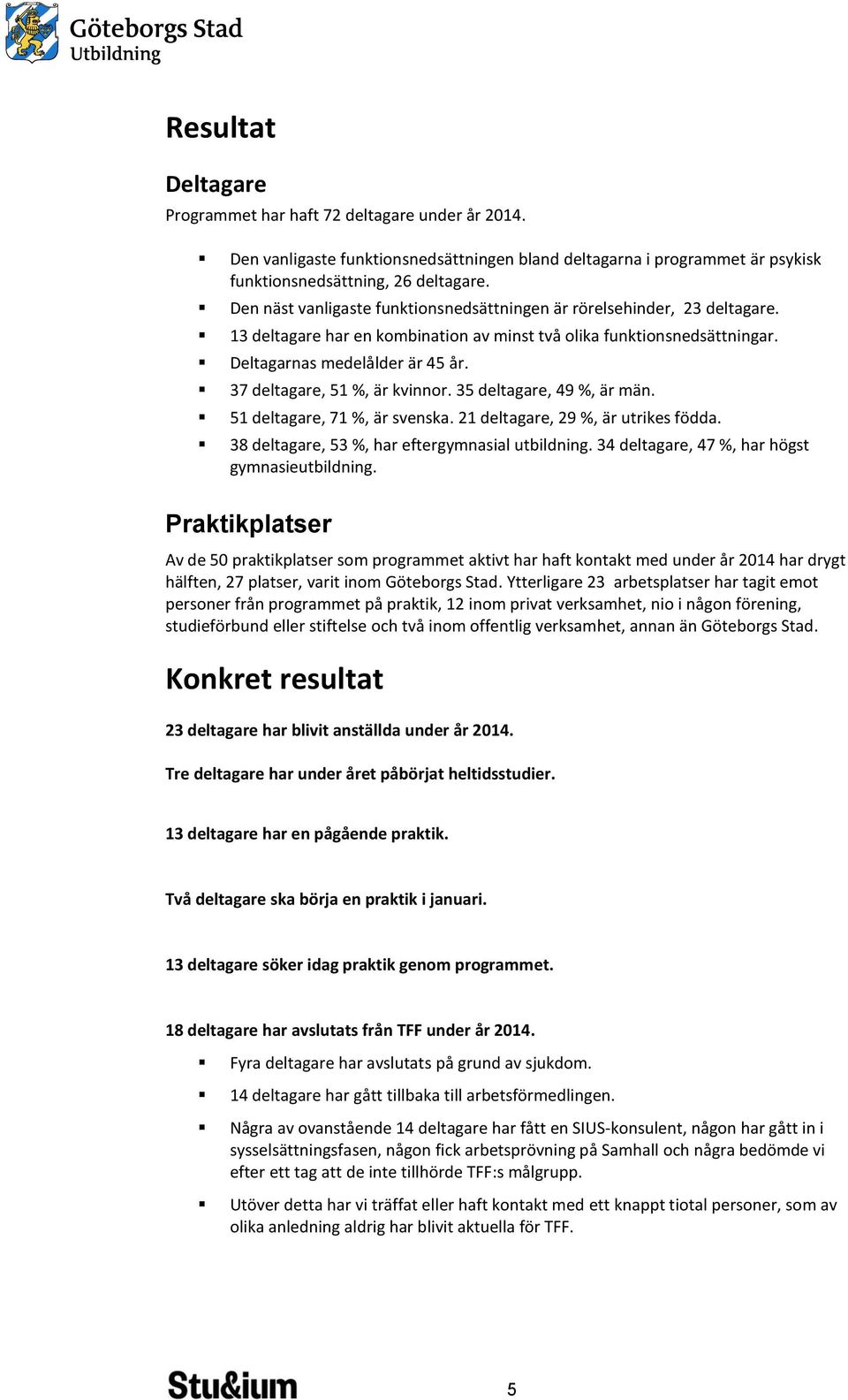 37 deltagare, 51 %, är kvinnor. 35 deltagare, 49 %, är män. 51 deltagare, 71 %, är svenska. 21 deltagare, 29 %, är utrikes födda. 38 deltagare, 53 %, har eftergymnasial utbildning.