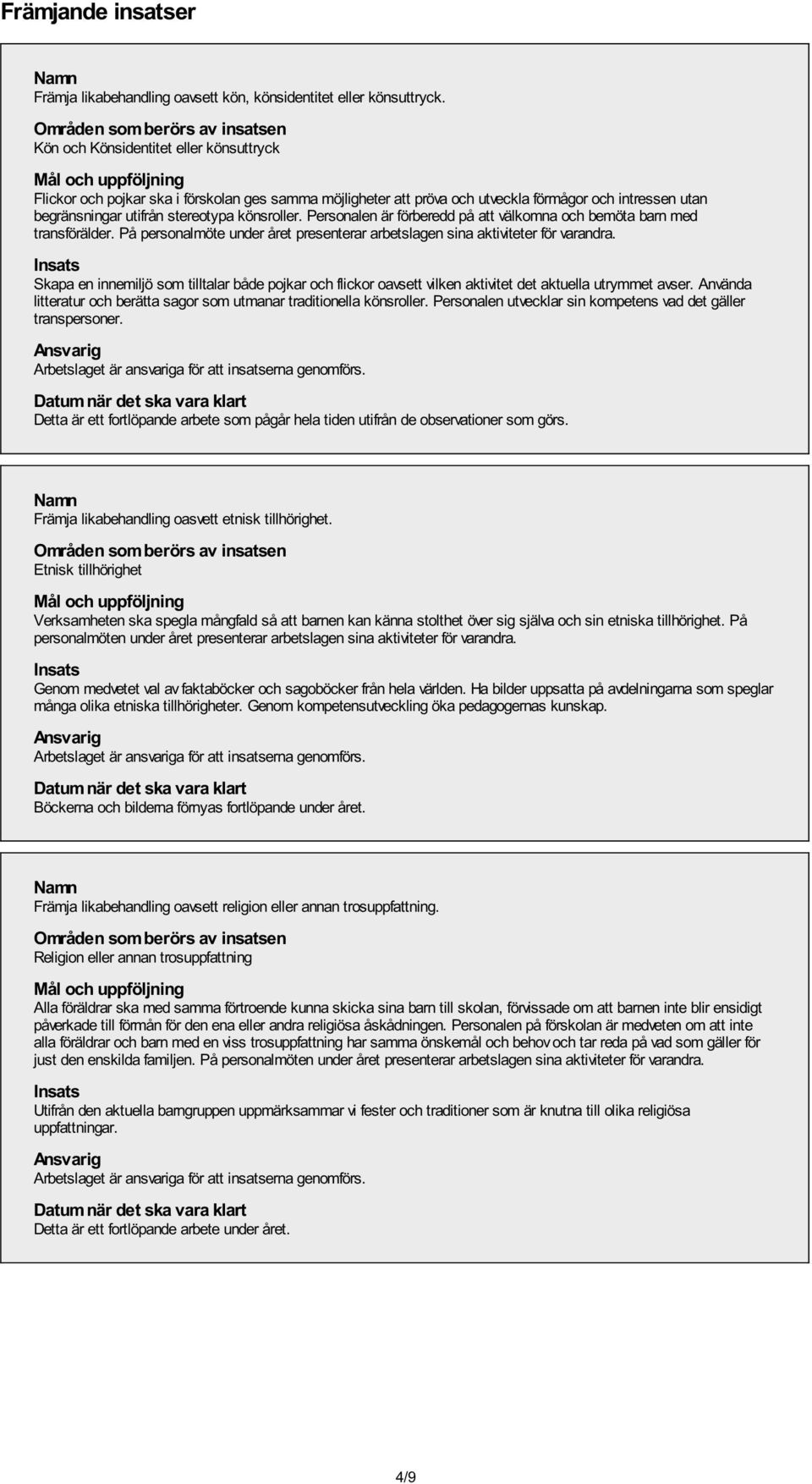 Personalen är förberedd på att välkomna och bemöta barn med transförälder. På personalmöte under året presenterar arbetslagen sina aktiviteter för varandra.