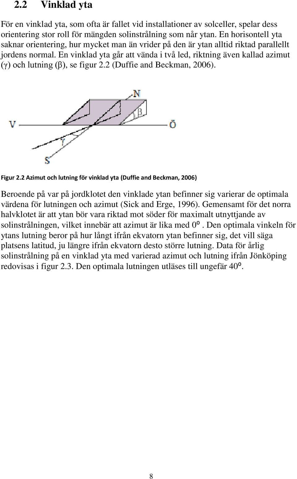 En vinklad yta går att vända i två led, riktning även kallad azimut (γ) och lutning (β), se figur 2.2 (Duffie and Beckman, 2006). Figur 2.