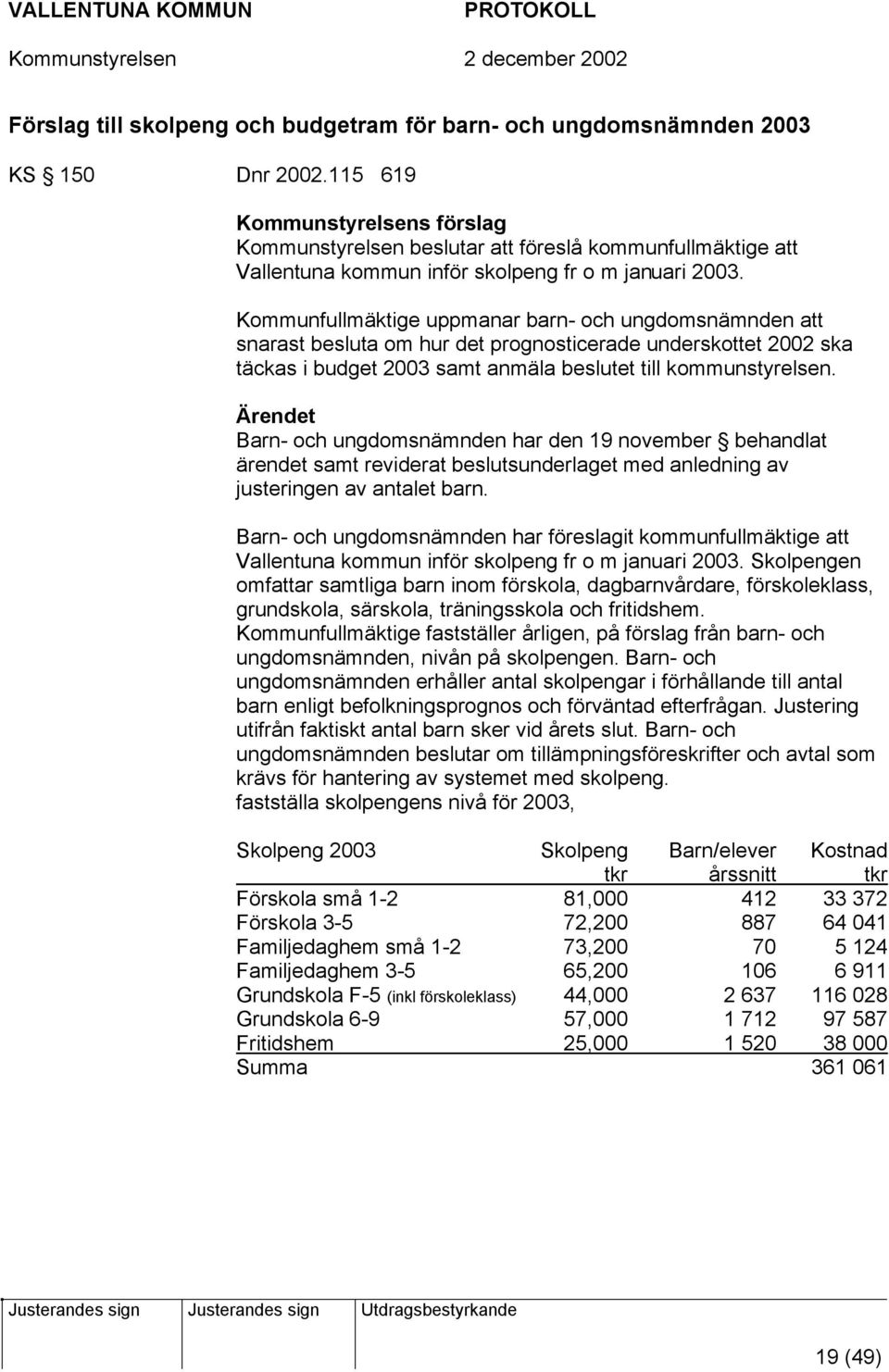 Kommunfullmäktige uppmanar barn- och ungdomsnämnden att snarast besluta om hur det prognosticerade underskottet 2002 ska täckas i budget 2003 samt anmäla beslutet till kommunstyrelsen.