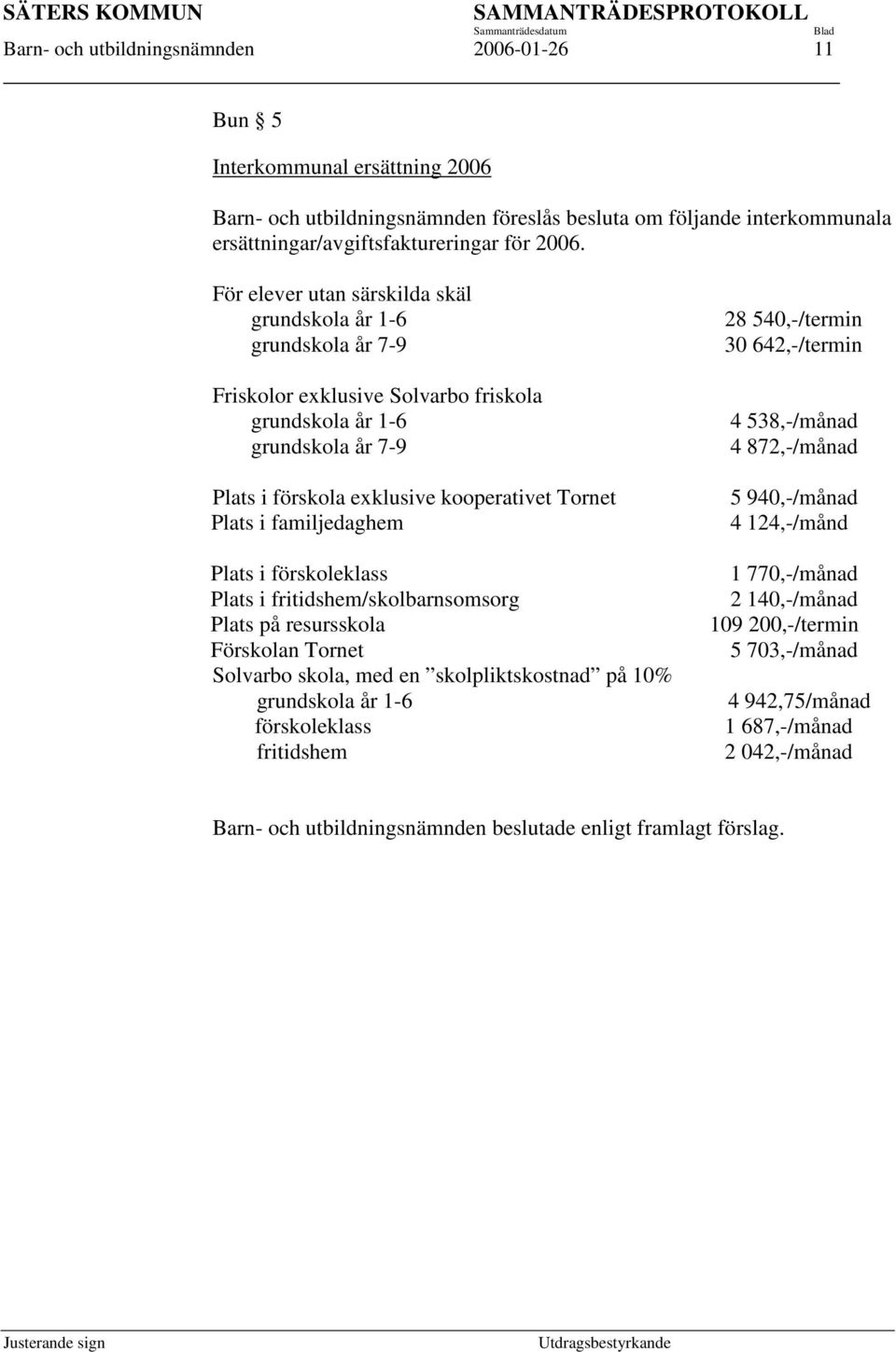 familjedaghem Plats i förskoleklass Plats i fritidshem/skolbarnsomsorg Plats på resursskola Förskolan Tornet Solvarbo skola, med en skolpliktskostnad på 10% grundskola år 1-6 förskoleklass fritidshem