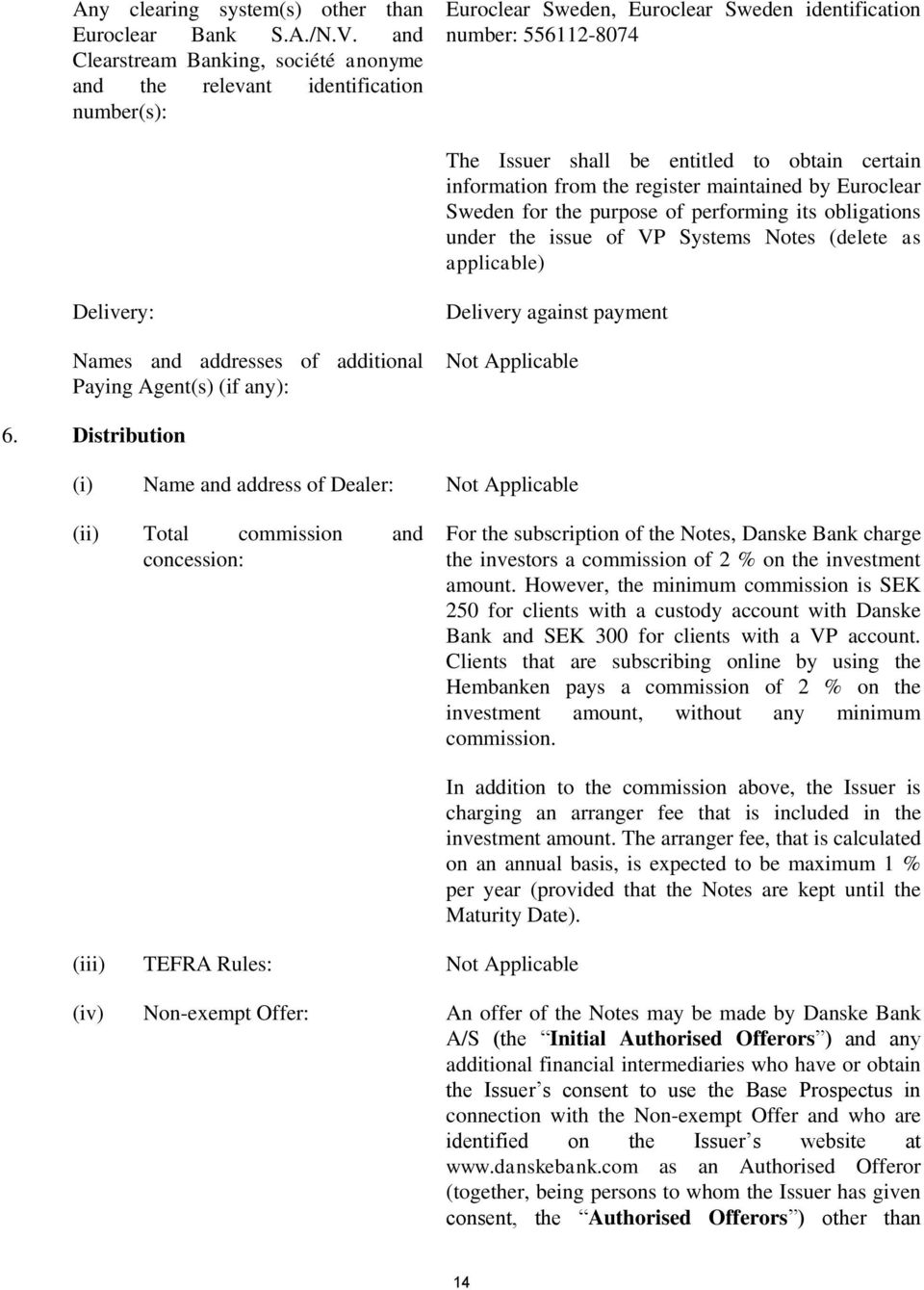 certain information from the register maintained by Euroclear Sweden for the purpose of performing its obligations under the issue of VP Systems Notes (delete as applicable) Delivery: Names and