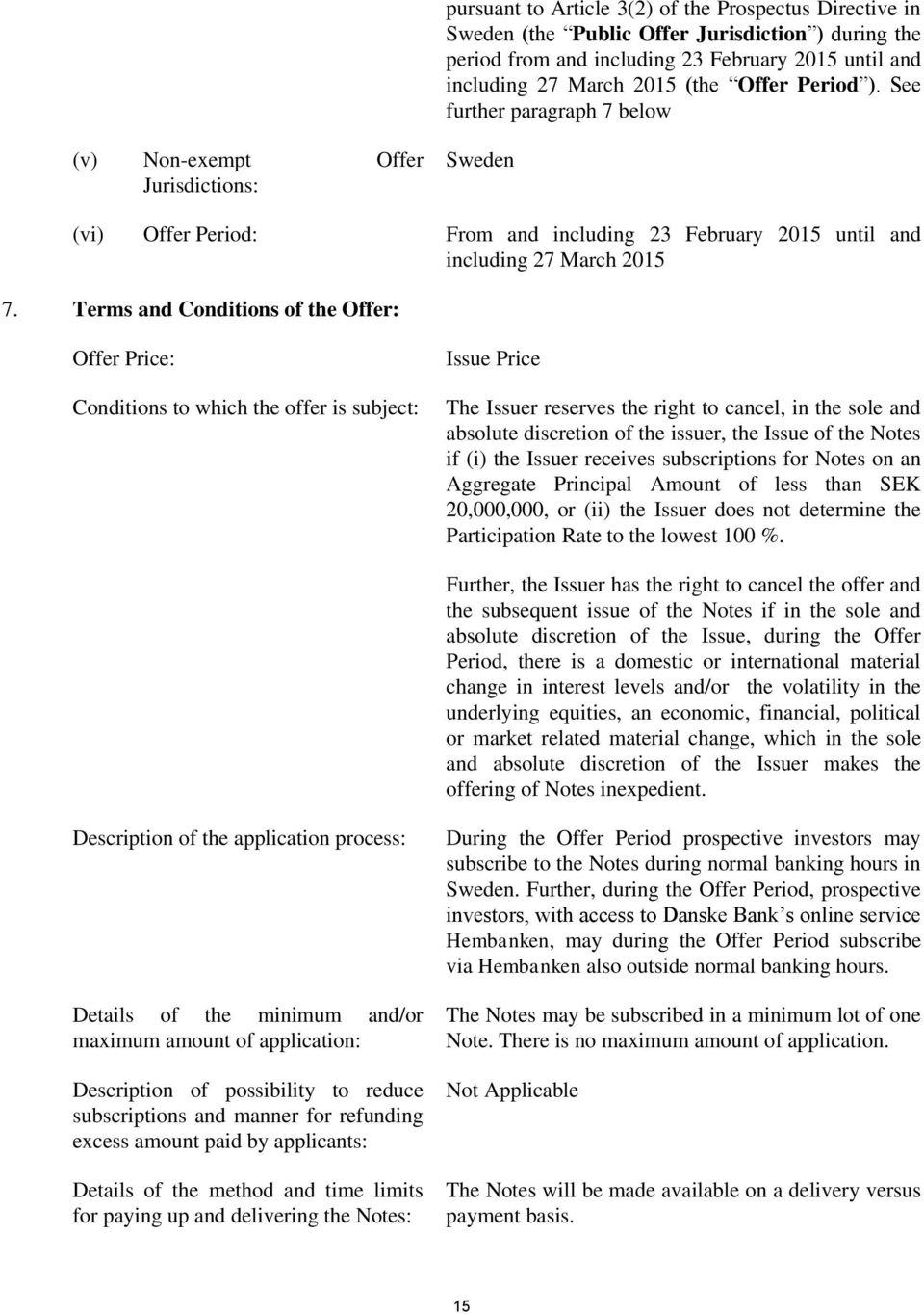 Terms and Conditions of the Offer: Offer Price: Conditions to which the offer is subject: Issue Price The Issuer reserves the right to cancel, in the sole and absolute discretion of the issuer, the