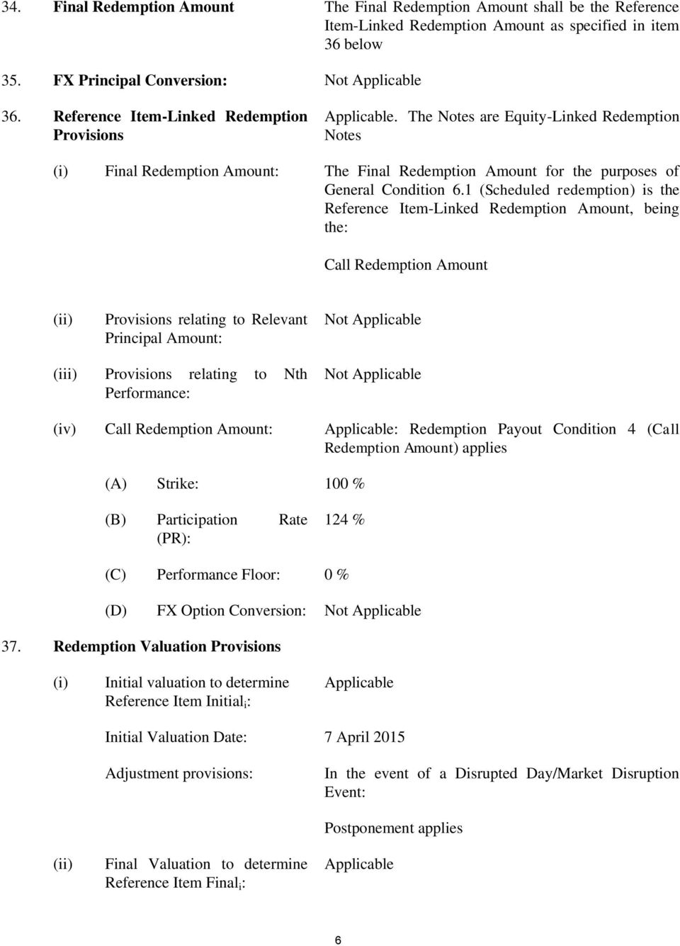1 (Scheduled redemption) is the Reference Item-Linked Redemption Amount, being the: Call Redemption Amount (ii) Provisions relating to Relevant Principal Amount: Not Applicable (iii) Provisions