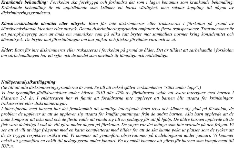 Könsöverskridande identitet eller uttryck: Barn får inte diskrimineras eller trakasseras i förskolan på grund av könsöverskridande identitet eller uttryck.