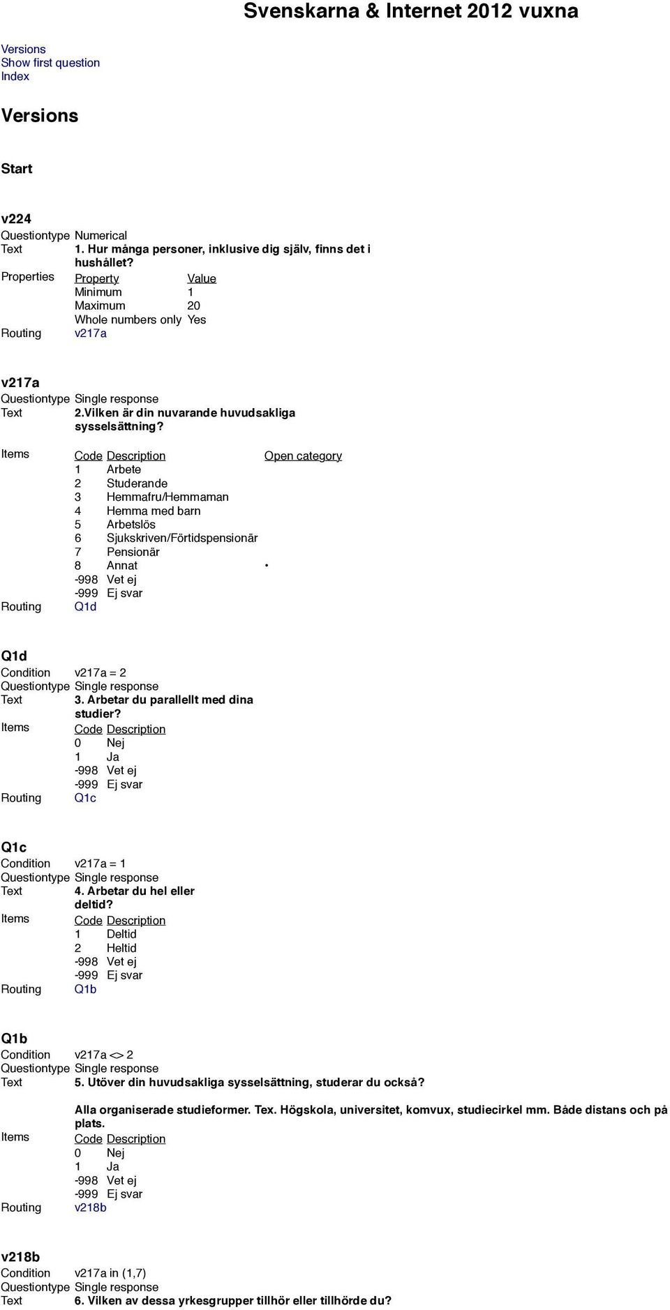 Open category 1 Arbete 2 Studerande 3 Hemmafru/Hemmaman 4 Hemma med barn 5 Arbetslös 6 Sjukskriven/Förtidspensionär 7 Pensionär 8 Annat Routing Q1d Q1d Condition v217a = 2 Text 3.