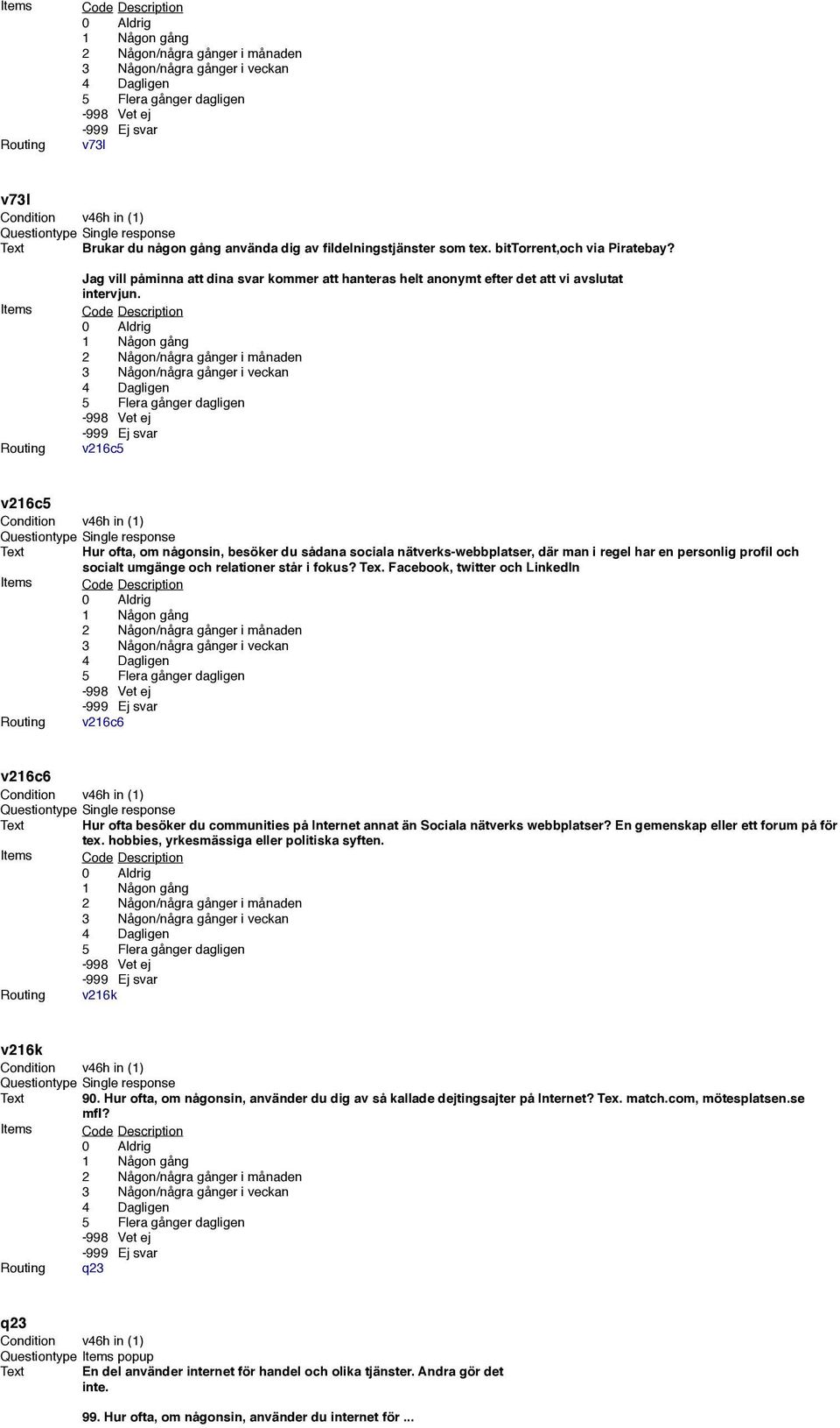 Routing v216c5 v216c5 Text Hur ofta, om någonsin, besöker du sådana sociala nätverks-webbplatser, där man i regel har en personlig profil och socialt umgänge och relationer står i fokus? Tex. Facebook, twitter och LinkedIn Routing v216c6 v216c6 Text Hur ofta besöker du communities på Internet annat än Sociala nätverks webbplatser?