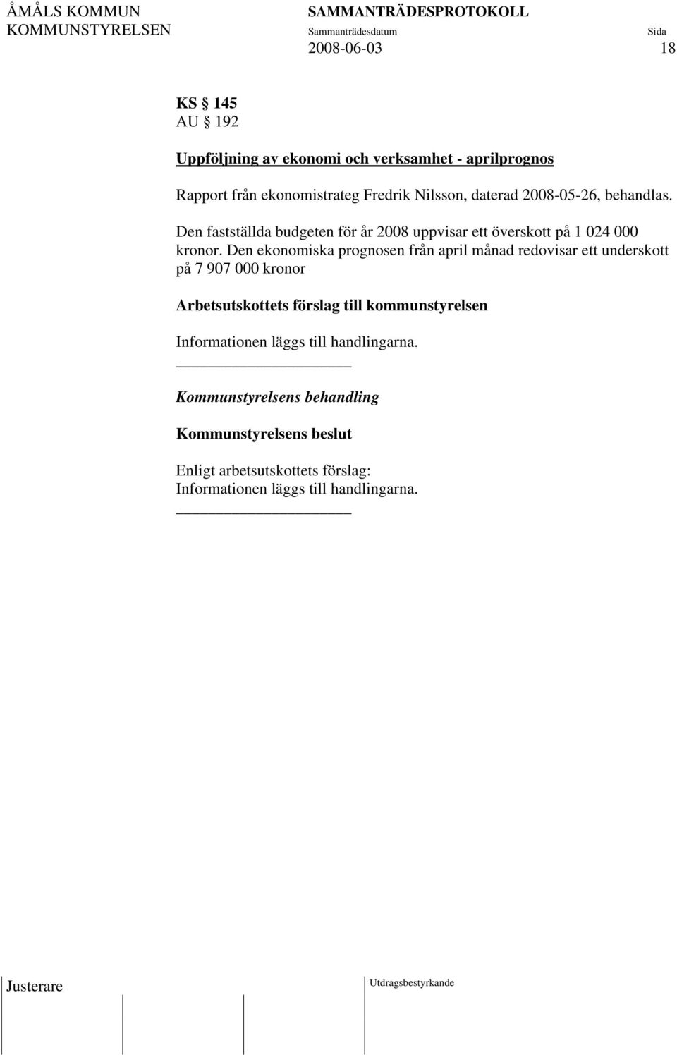 Den fastställda budgeten för år 2008 uppvisar ett överskott på 1 024 000 kronor.