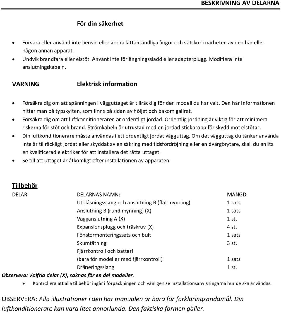 VARNING Elektrisk information Försäkra dig om att spänningen i vägguttaget är tillräcklig för den modell du har valt.