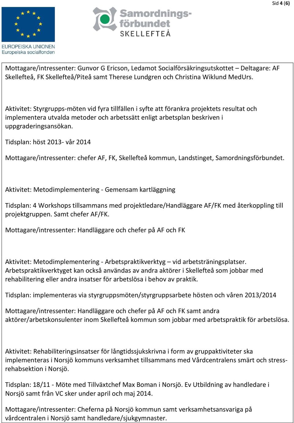 Tidsplan: höst 2013- vår 2014 Mottagare/intressenter: chefer AF, FK, Skellefteå kommun, Landstinget, Samordningsförbundet.
