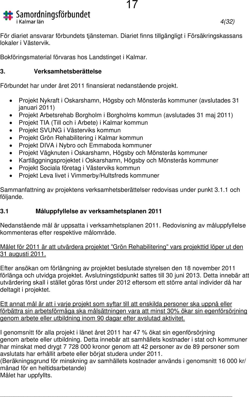 Projekt Nykraft i Oskarshamn, Högsby och Mönsterås kommuner (avslutades 31 januari 2011) Projekt Arbetsrehab Borgholm i Borgholms kommun (avslutades 31 maj 2011) Projekt TIA (Till och i Arbete) i