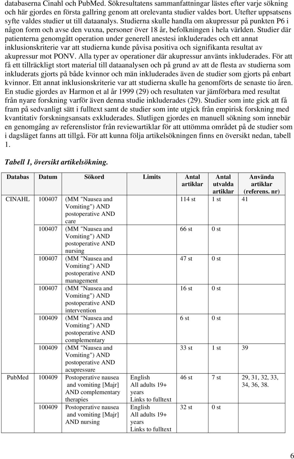 Studier där patienterna genomgått operation under generell anestesi inkluderades och ett annat inklusionskriterie var att studierna kunde påvisa positiva och signifikanta resultat av akupressur mot