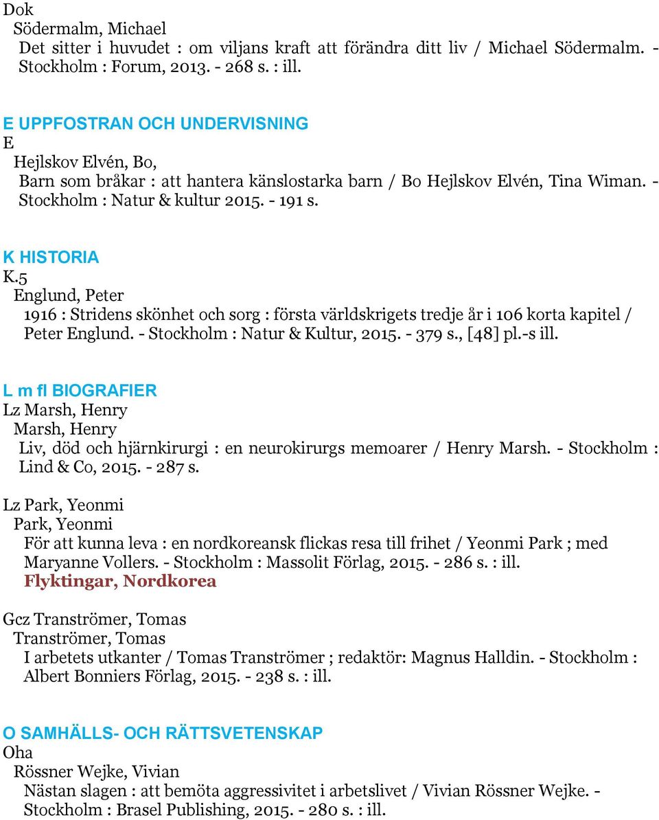 5 Englund, Peter 1916 : Stridens skönhet och sorg : första världskrigets tredje år i 106 korta kapitel / Peter Englund. - Stockholm : Natur & Kultur, 2015. - 379 s., [48] pl.-s ill.