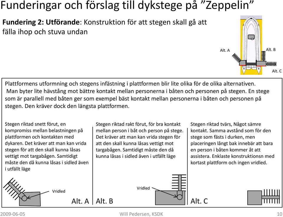 En stege som är parallell med båten ger som exempel bäst kontakt mellan personerna i båten och personen på stegen. Den kräver kä dock kden längsta plattformen.