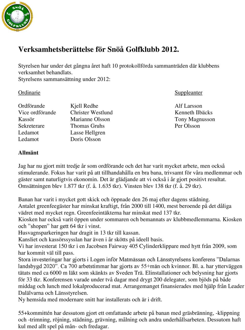 Thomas Gruhs Per Olsson Ledamot Lasse Hellgren Ledamot Doris Olsson Allmänt Jag har nu gjort mitt tredje år som ordförande och det har varit mycket arbete, men också stimulerande.