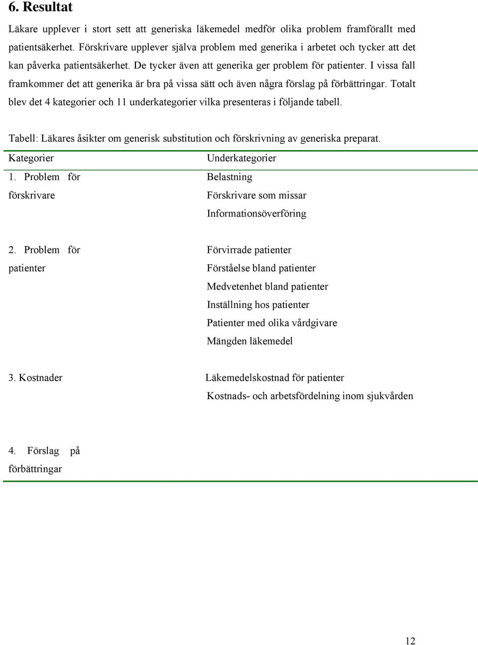 I vissa fall framkommer det att generika är bra på vissa sätt och även några förslag på förbättringar. Totalt blev det 4 kategorier och 11 underkategorier vilka presenteras i följande tabell.