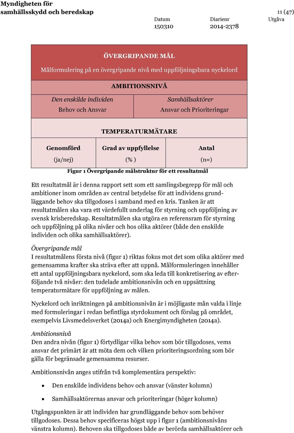 samlingsbegrepp för mål och ambitioner inom områden av central betydelse för att individens grundläggande behov ska tillgodoses i samband med en kris.