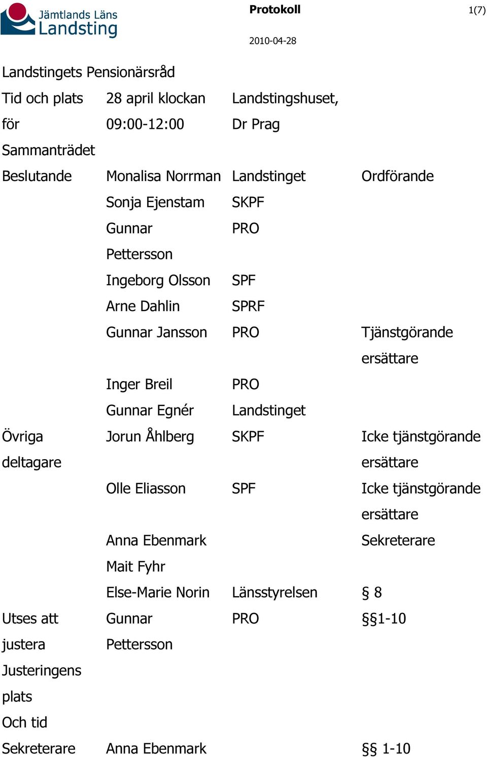 Breil Gunnar Egnér PRO Landstinget Övriga deltagare Jorun Åhlberg Olle Eliasson Anna Ebenmark Mait Fyhr Else-Marie Norin SKPF SPF Länsstyrelsen Icke