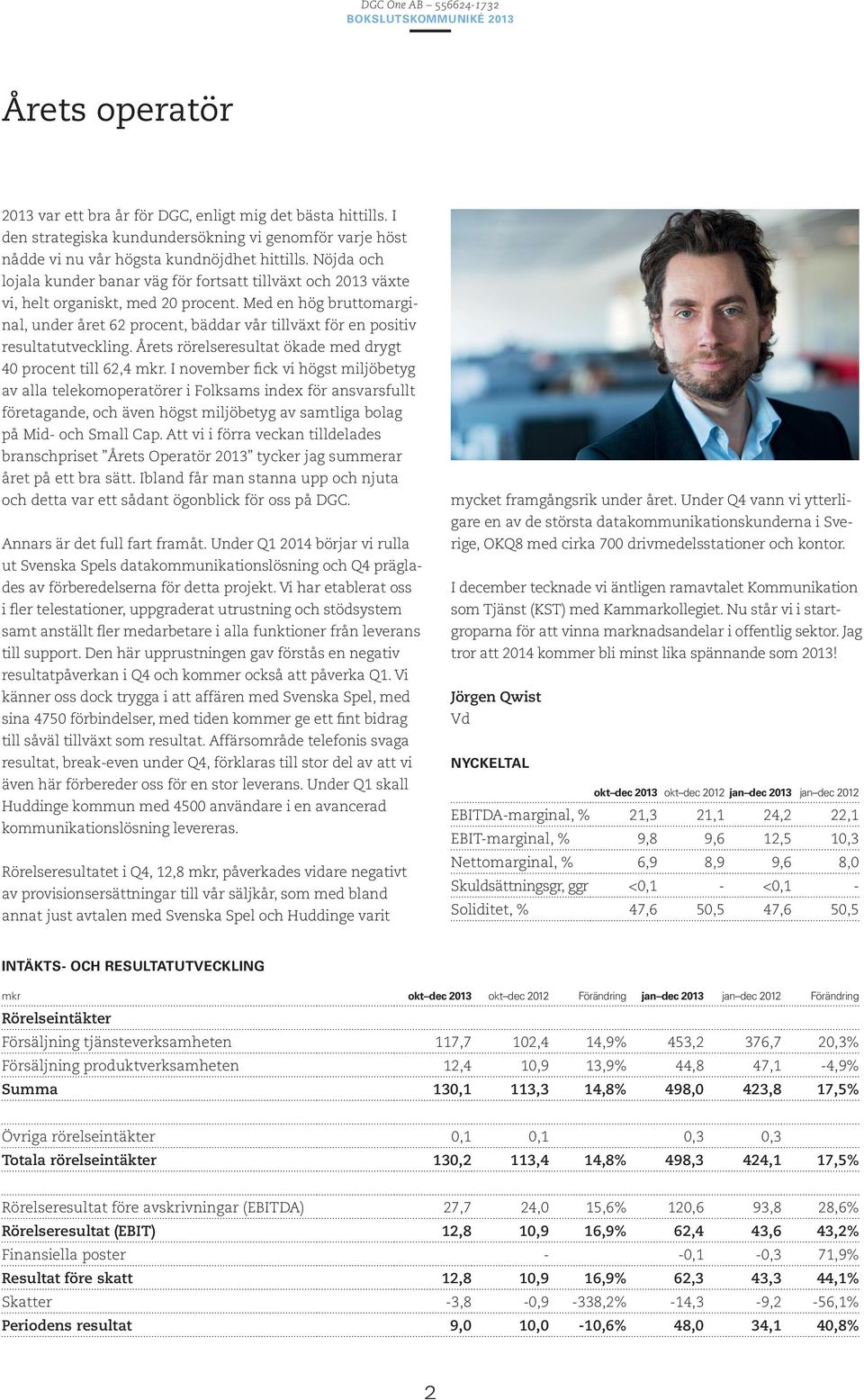 Med en hög bruttomarginal, under året 62 procent, bäddar vår tillväxt för en positiv resultatutveckling. Årets rörelseresultat ökade med drygt 40 procent till 62,4 mkr.