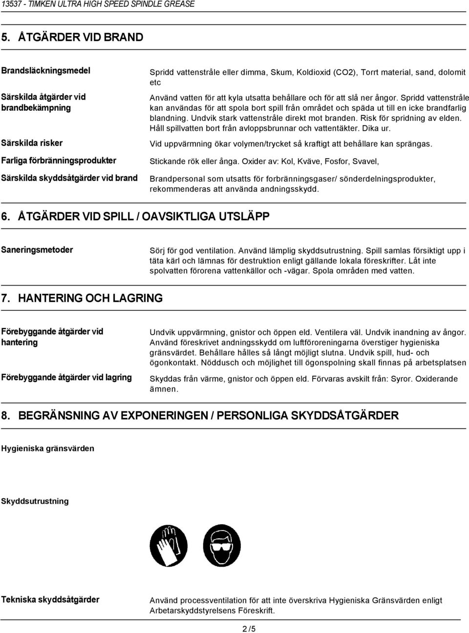 Spridd vattenstråle kan användas för att spola bort spill från området och späda ut till en icke brandfarlig blandning. Undvik stark vattenstråle direkt mot branden. Risk för spridning av elden.