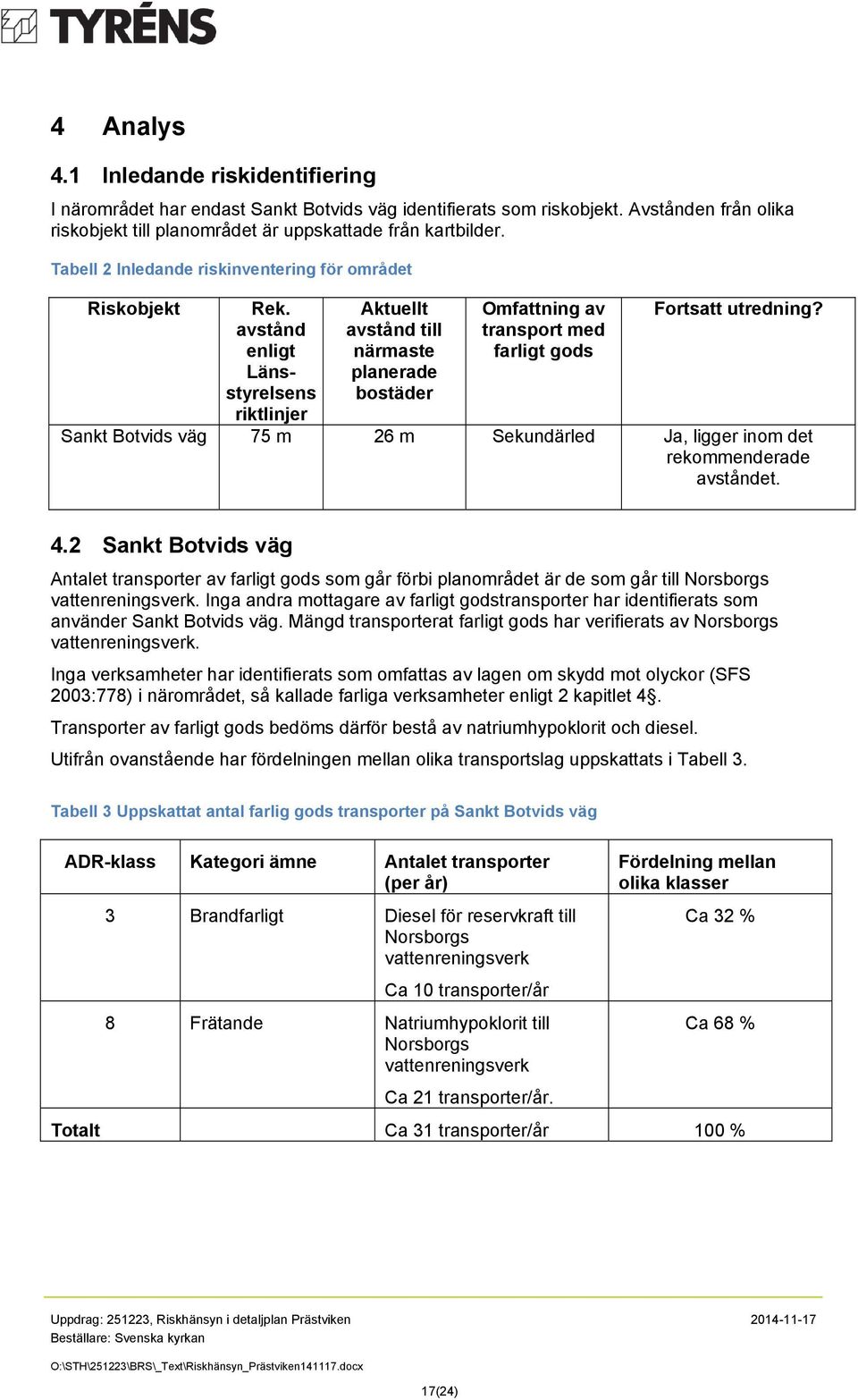 avstånd enligt Länsstyrelsens riktlinjer Aktuellt avstånd till närmaste planerade bostäder Omfattning av transport med farligt gods Fortsatt utredning?