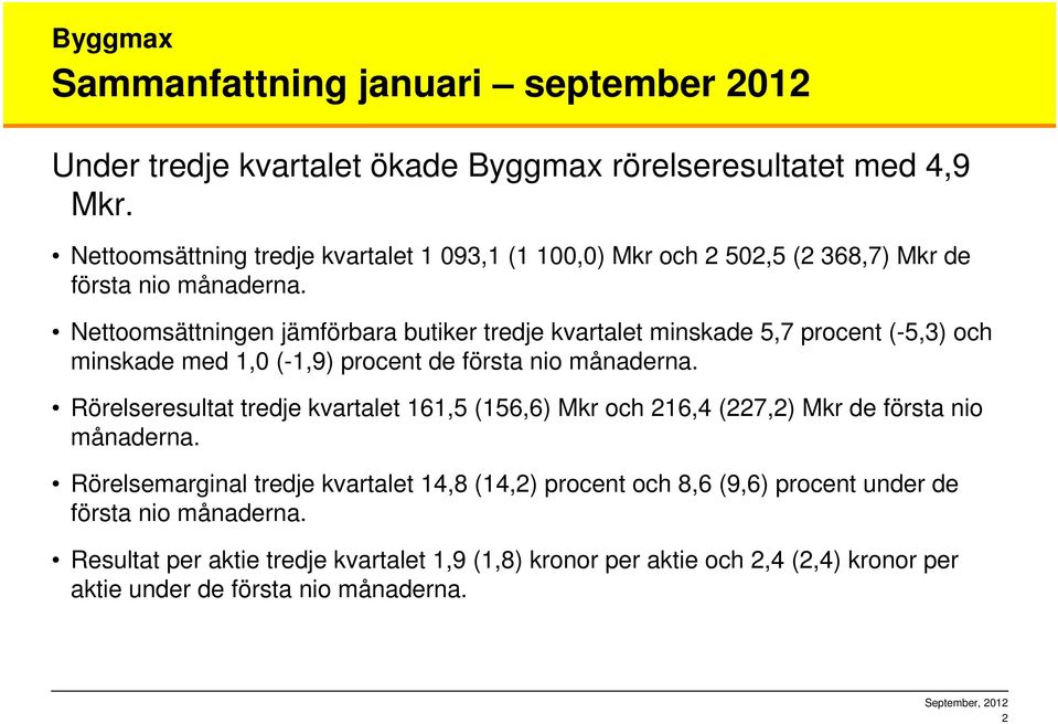 Nettoomsättningen jämförbara butiker tredje kvartalet minskade 5,7 procent (-5,3) och minskade med 1,0 (-1,9) procent de första nio månaderna.