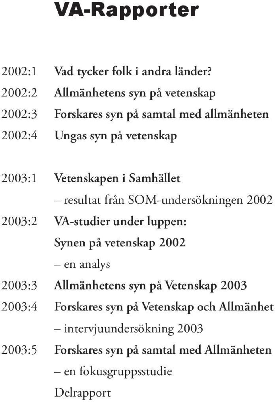 Vetenskapen i Samhället resultat från SOM-undersökningen 2002 2003:2 VA-studier under luppen: Synen på vetenskap 2002 en