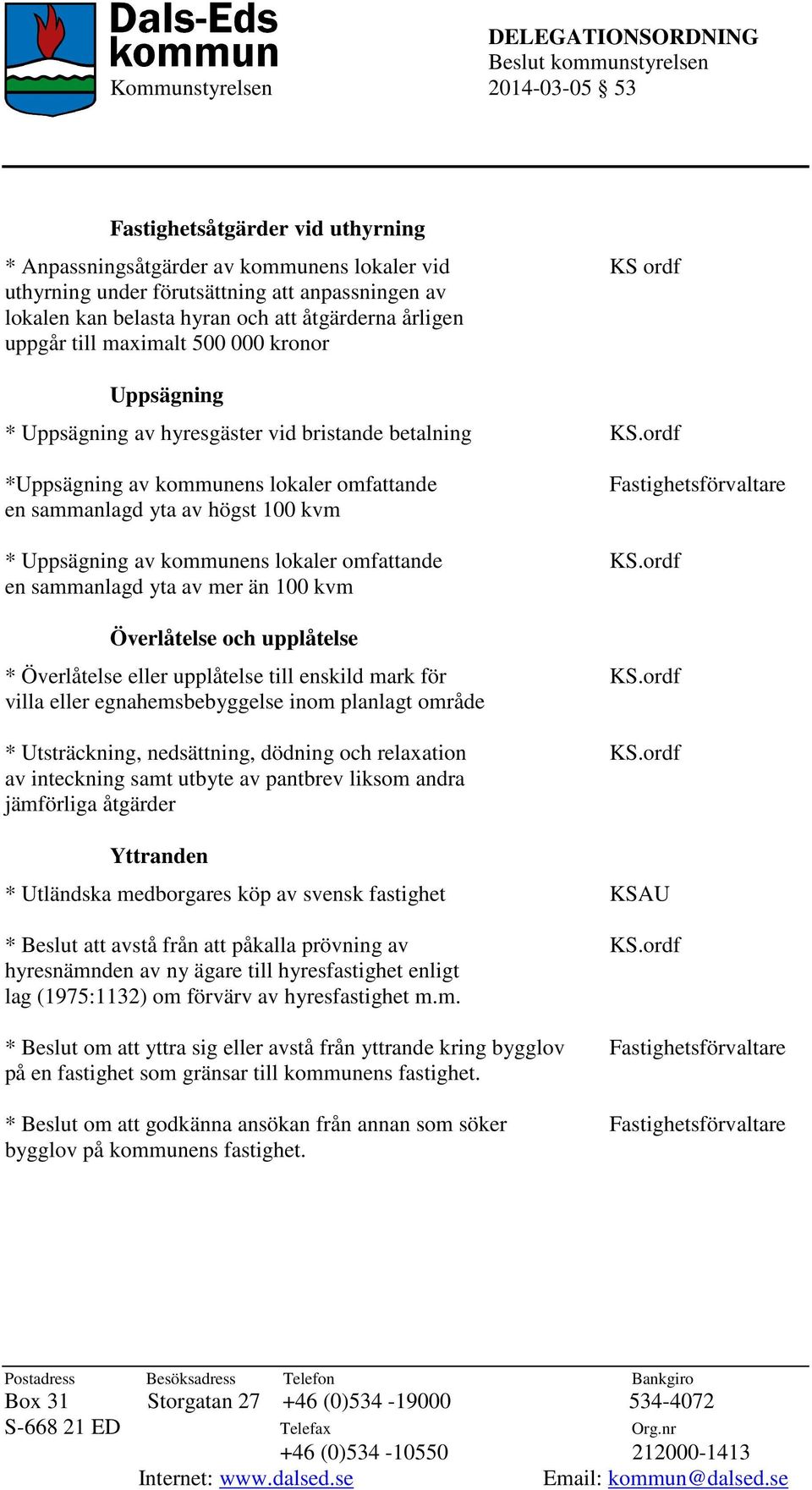 ordf *Uppsägning av kommunens lokaler omfattande en sammanlagd yta av högst 100 kvm Fastighetsförvaltare * Uppsägning av kommunens lokaler omfattande KS.