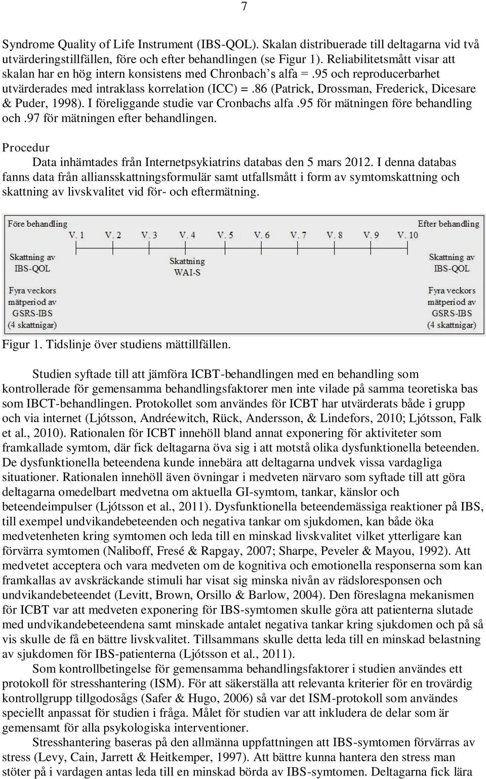 86 (Patrick, Drossman, Frederick, Dicesare & Puder, 1998). I föreliggande studie var Cronbachs alfa.95 för mätningen före behandling och.97 för mätningen efter behandlingen.