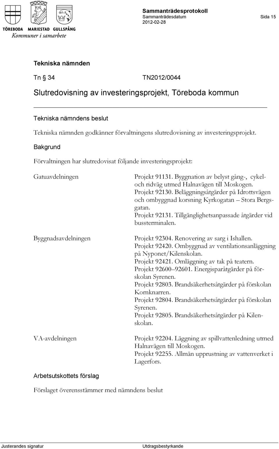 Byggnation av belyst gång-, cykeloch ridväg utmed Halnavägen till Moskogen. Projekt 92130. Beläggningsåtgärder på Idrottsvägen och ombyggnad korsning Kyrkogatan Stora Bergsgatan. Projekt 92131.