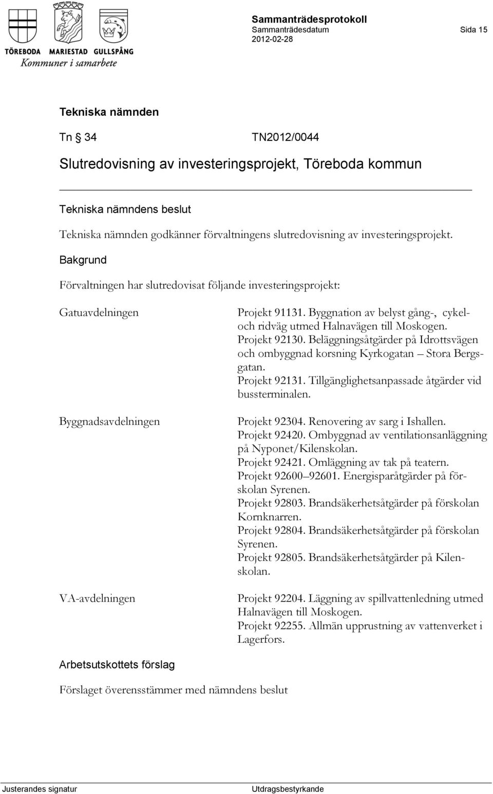 Byggnation av belyst gång-, cykeloch ridväg utmed Halnavägen till Moskogen. Projekt 92130. Beläggningsåtgärder på Idrottsvägen och ombyggnad korsning Kyrkogatan Stora Bergsgatan. Projekt 92131.