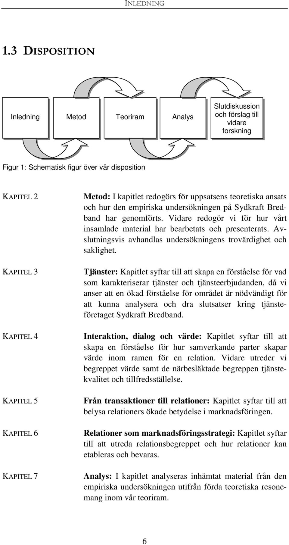 7 Metod: I kapitlet redogörs för uppsatsens teoretiska ansats och hur den empiriska undersökningen på Sydkraft Bredband har genomförts.