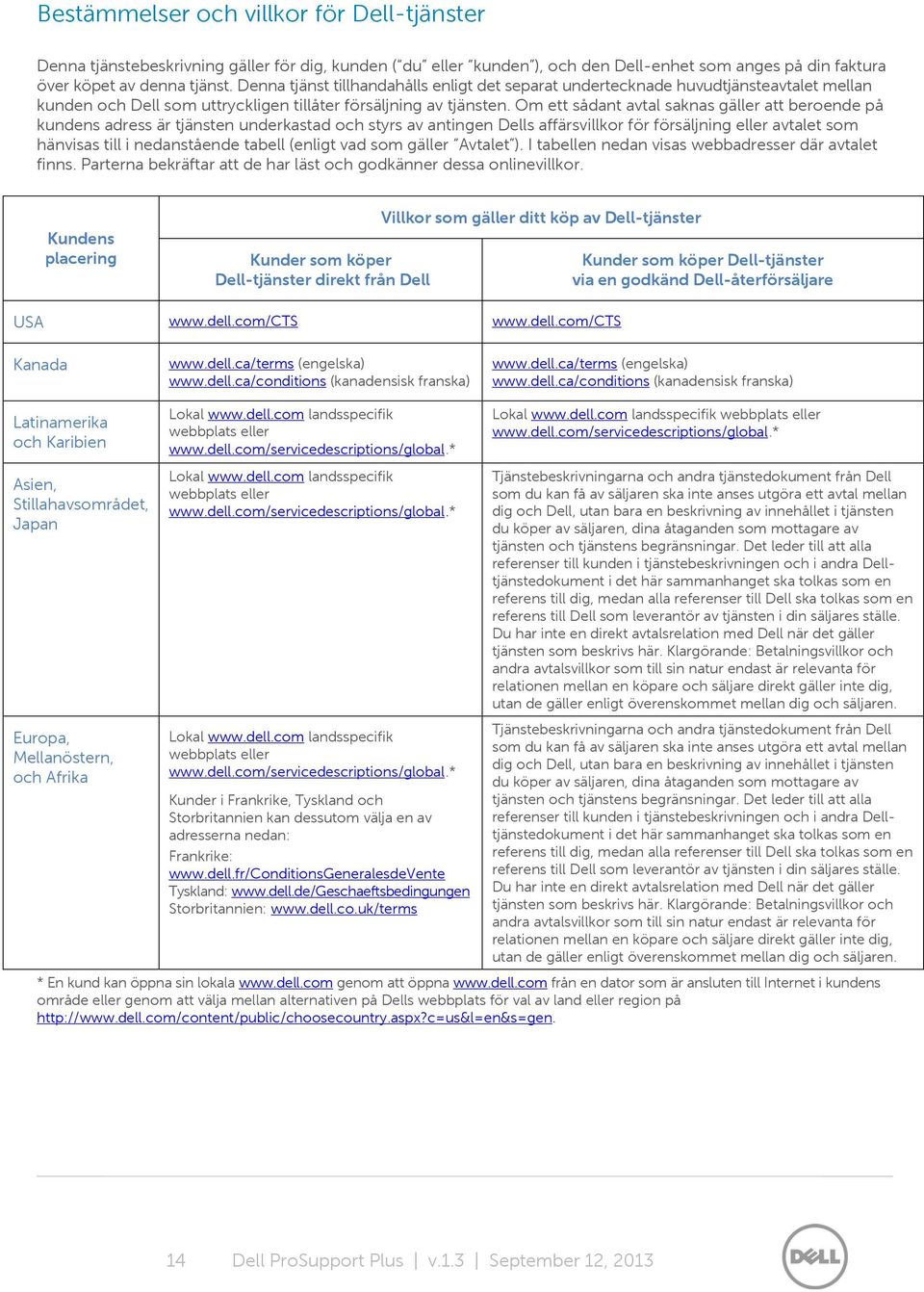 Om ett sådant avtal saknas gäller att beroende på kundens adress är tjänsten underkastad och styrs av antingen Dells affärsvillkor för försäljning eller avtalet som hänvisas till i nedanstående