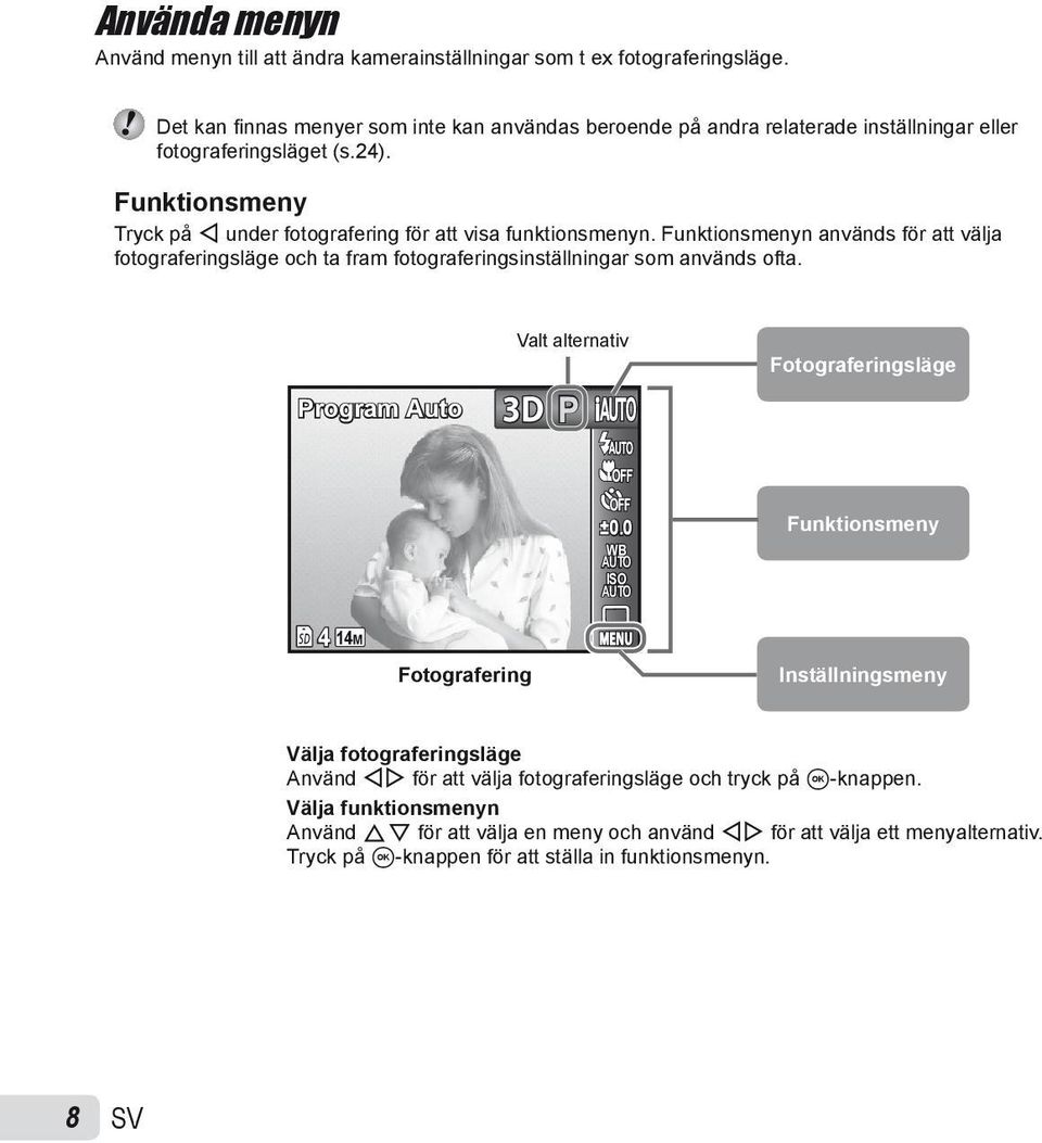 Funktionsmeny Tryck på H under fotografering för att visa funktionsmenyn. Funktionsmenyn används för att välja fotograferingsläge och ta fram fotograferingsinställningar som används ofta.