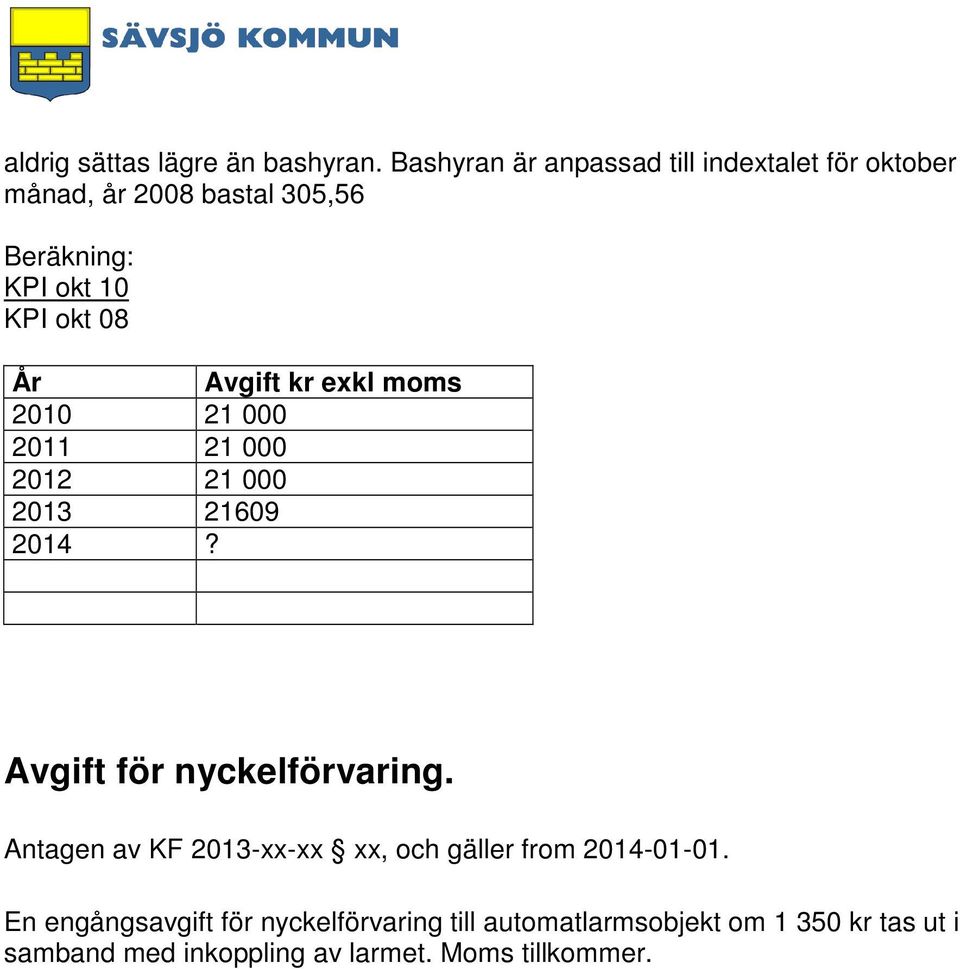 08 År Avgift kr exkl moms 2010 21 000 2011 21 000 2012 21 000 2013 21609 2014? Avgift för nyckelförvaring.