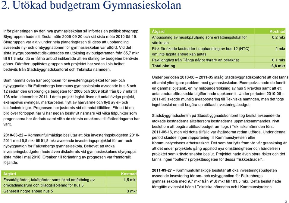 Vid det sista styrgruppsmötet diskuterades en utökning av budgetramen från 85,7 mkr till 91,8 mkr, då erhållna anbud indikerade att en ökning av budgeten behövde göras.