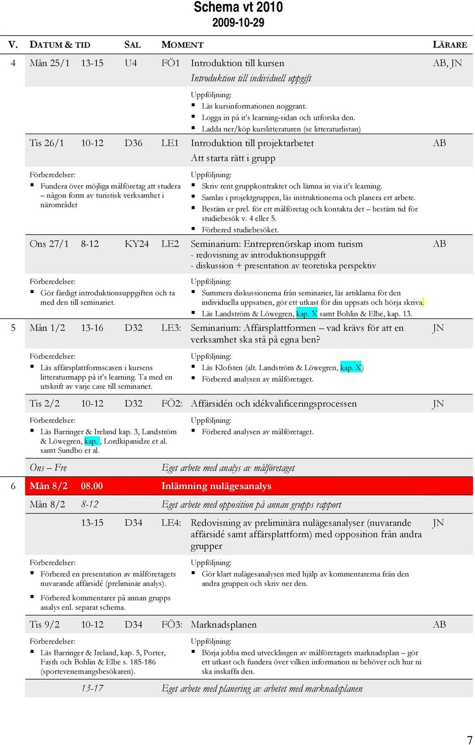 Ladda ner/köp kurslitteraturen (se litteraturlistan) Tis 26/1 10-12 D36 LE1 Introduktion till projektarbetet Att starta rätt i grupp Fundera över möjliga målföretag att studera någon form av