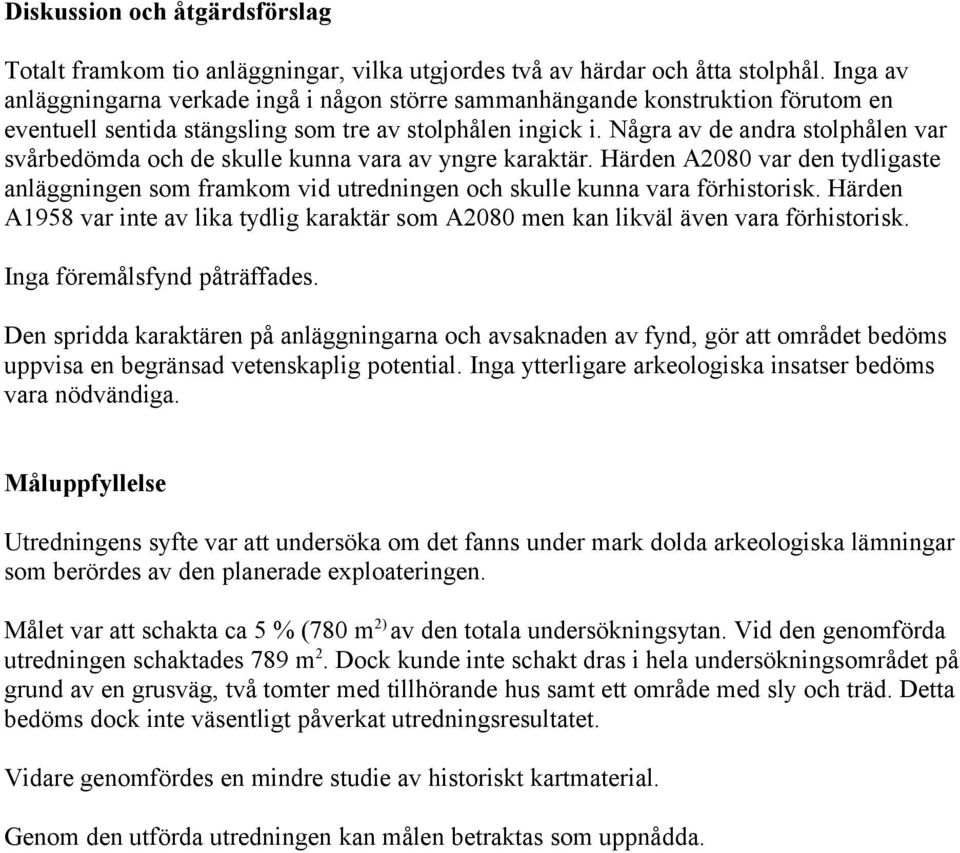 Några av de andra stolphålen var svårbedömda och de skulle kunna vara av yngre karaktär. Härden A2080 var den tydligaste anläggningen som framkom vid utredningen och skulle kunna vara förhistorisk.