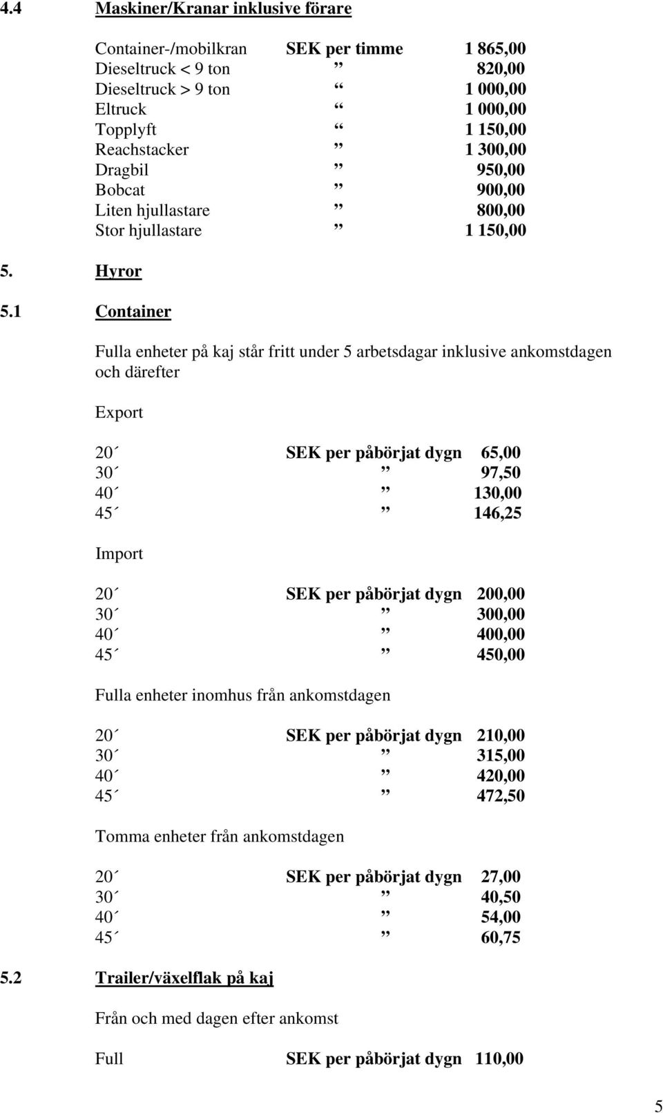 Liten hjullastare 800,00 Stor hjullastare 1 150,00 Fulla enheter på kaj står fritt under 5 arbetsdagar inklusive ankomstdagen och därefter Export 20 SEK per påbörjat dygn 65,00 30 97,50 40 130,00 45