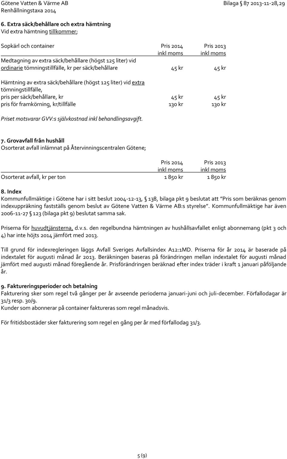 kr/tillfälle 130 kr 130 kr Priset motsvarar GVV:s självkostnad inkl behandlingsavgift. 7.